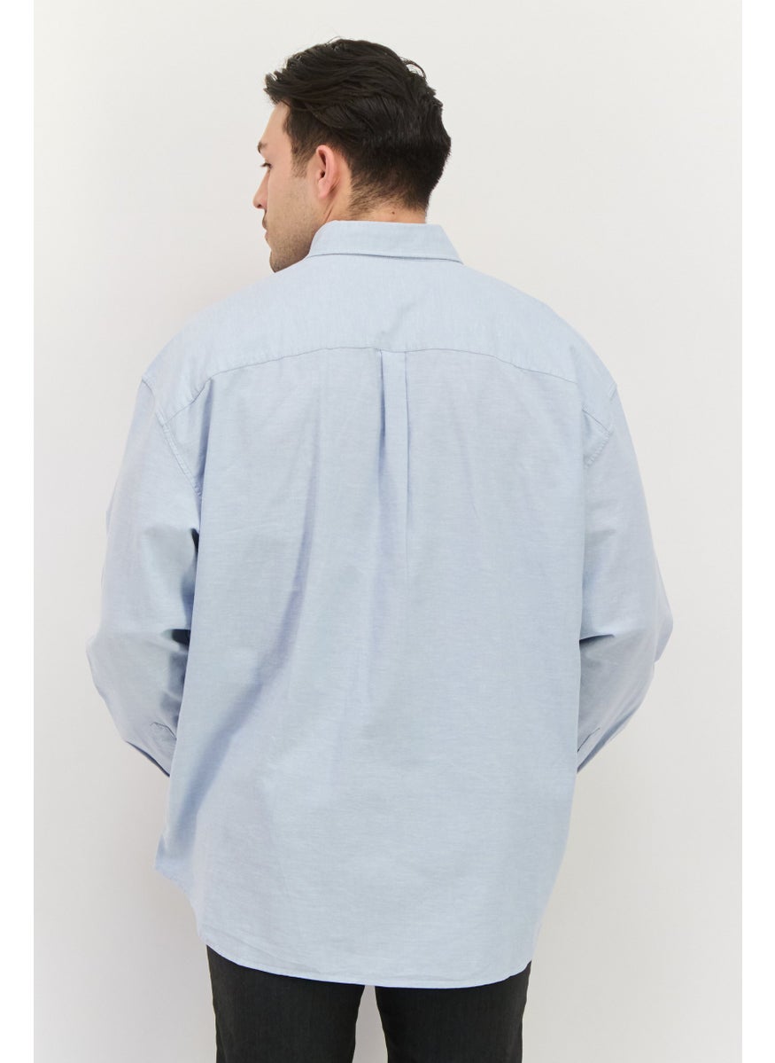 Men Regular Fit Embroidered Long Sleeves Casual Shirt, Light Blue