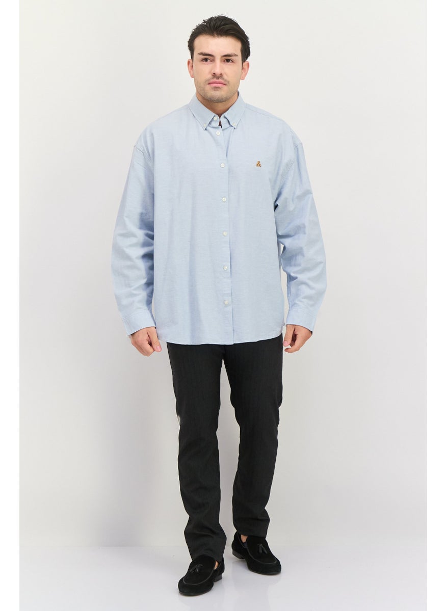 Men Regular Fit Embroidered Long Sleeves Casual Shirt, Light Blue