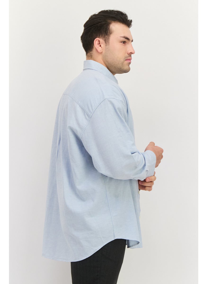 Men Regular Fit Embroidered Long Sleeves Casual Shirt, Light Blue