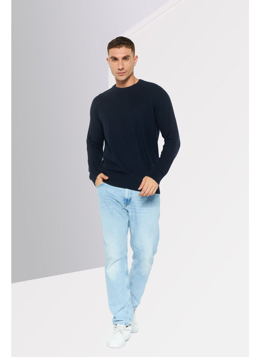 Men Crew Neck Long Sleeves Textured Sweater, Navy