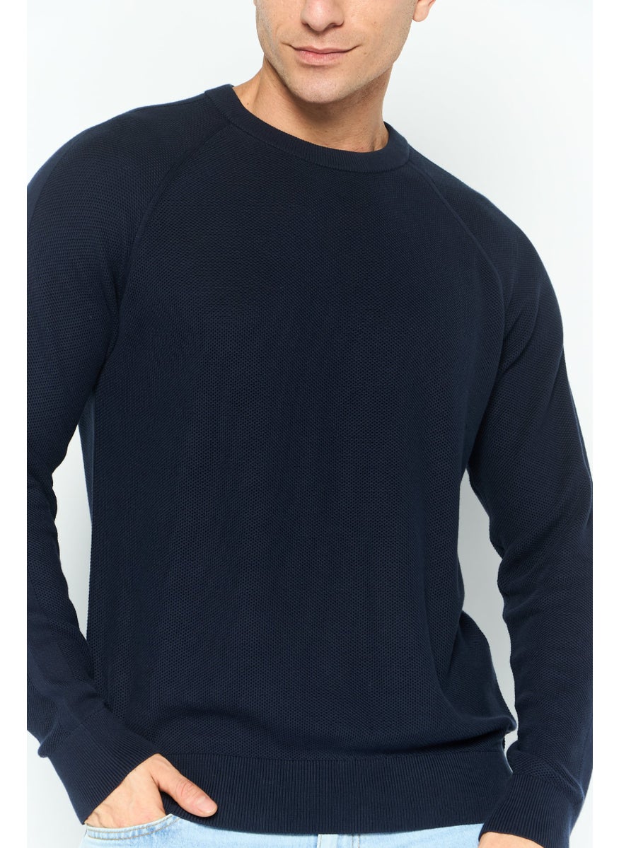 Men Crew Neck Long Sleeves Textured Sweater, Navy