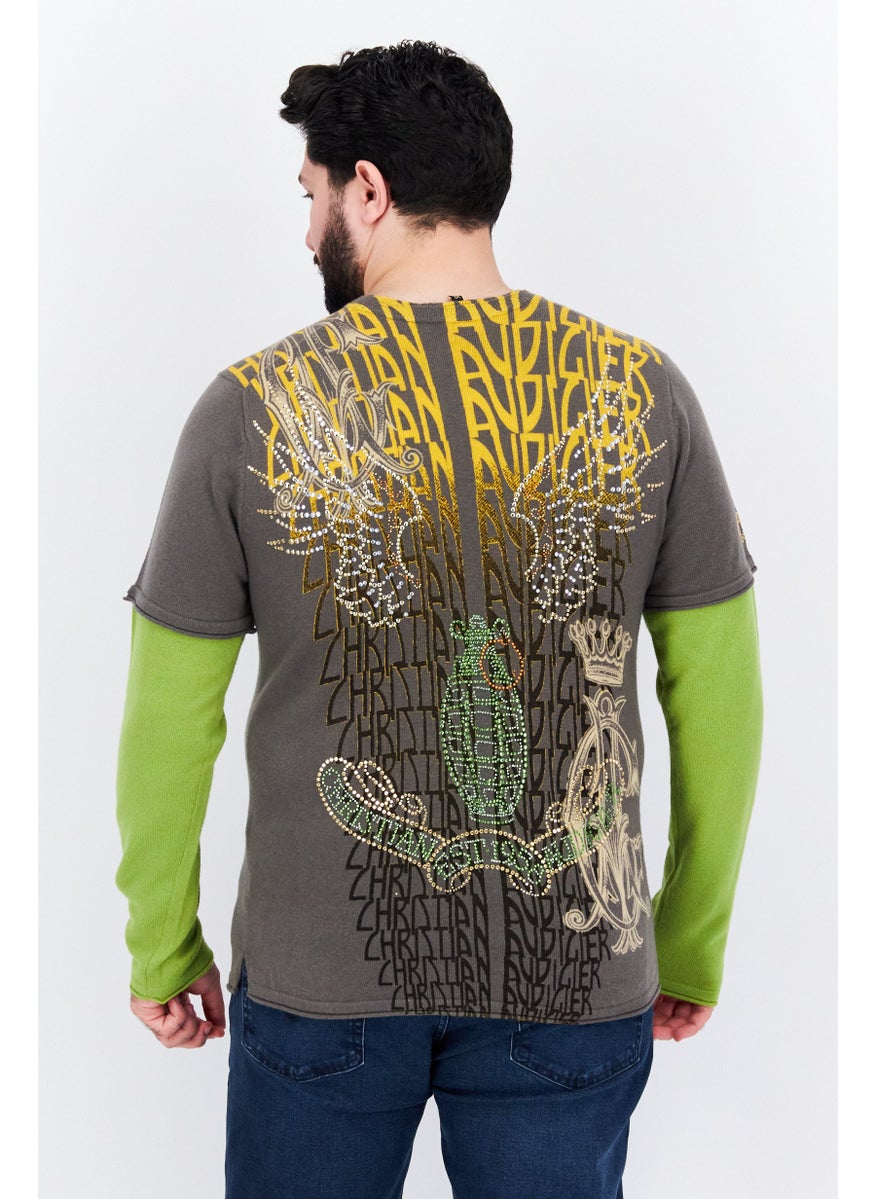 Men Round Neck Embellished Long Sleeves Sweater, Grey Combo