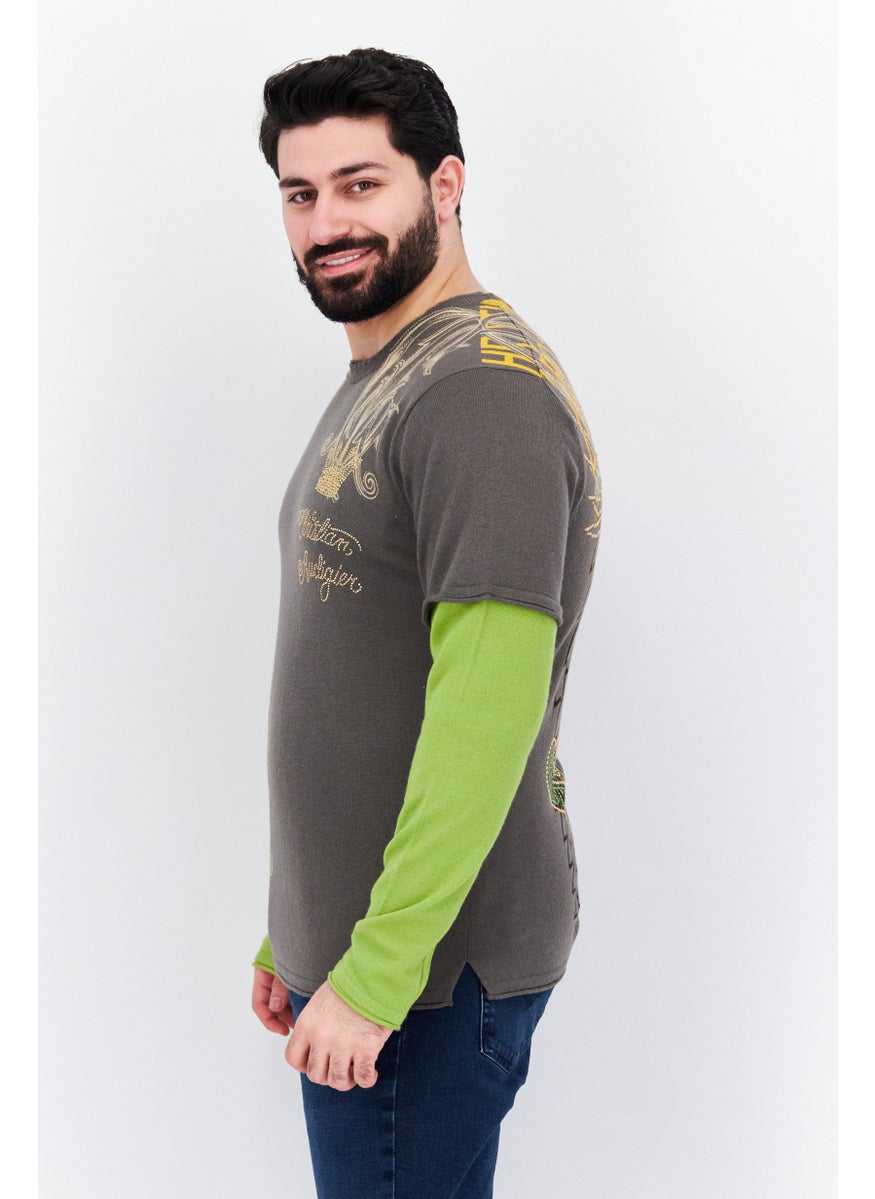 Men Round Neck Embellished Long Sleeves Sweater, Grey Combo