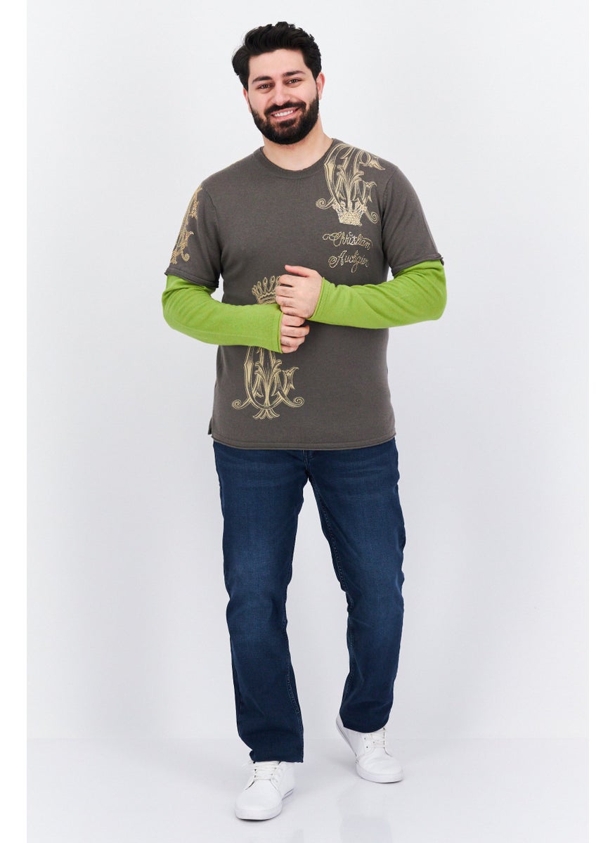 Men Round Neck Embellished Long Sleeves Sweater, Grey Combo