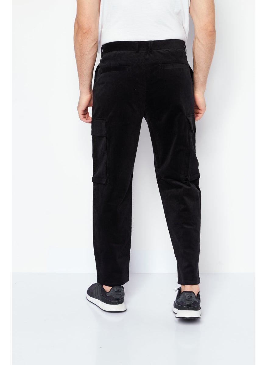 Men Regular Fit Textured Cargo Pants, Black
