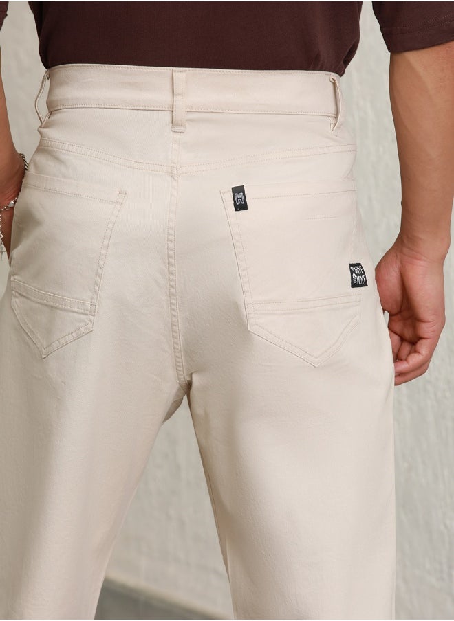 Men's Beige Cotton Blend Solid Pattern Full Length Cargo Relaxed Trouser