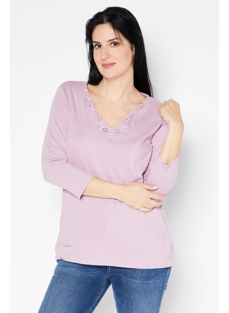 Women Plus Size V-Neck Long Sleeves Embroidered Blouse, Lilac