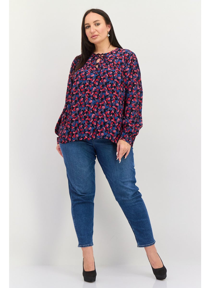 Women Tie Neck Long Sleeves Allover Print Blouse, Multicolor