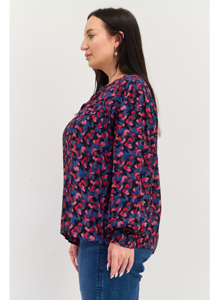 Women Tie Neck Long Sleeves Allover Print Blouse, Multicolor