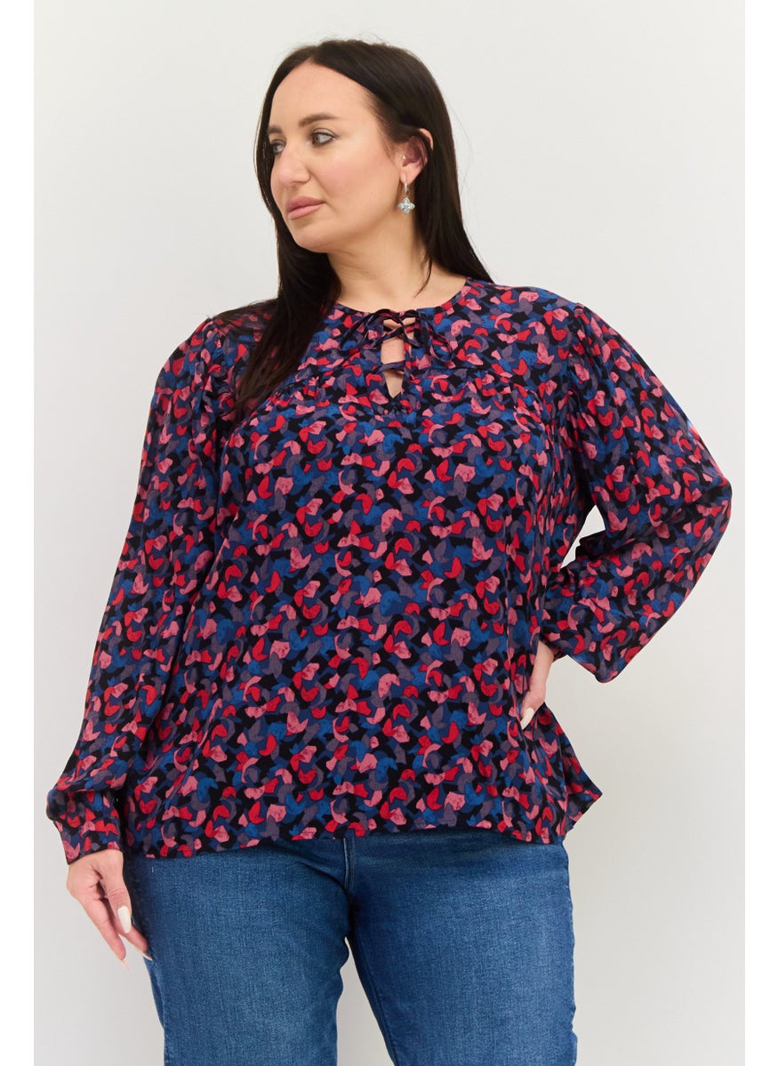Women Tie Neck Long Sleeves Allover Print Blouse, Multicolor