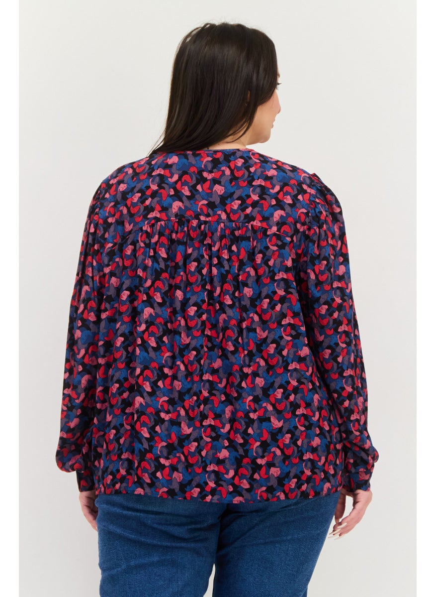 Women Tie Neck Long Sleeves Allover Print Blouse, Multicolor