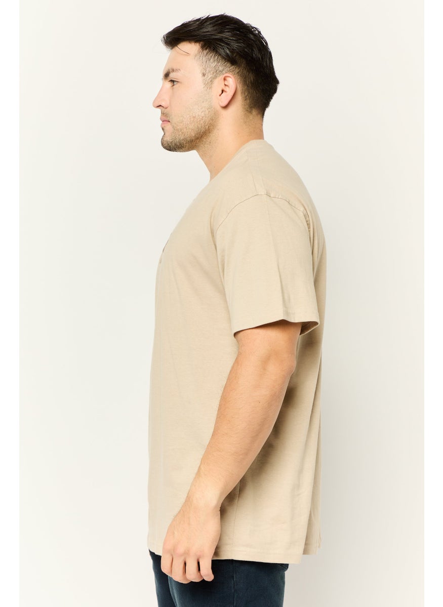 Men Crew Neck Short Sleeve Embroidered Logo T-Shirt, Beige