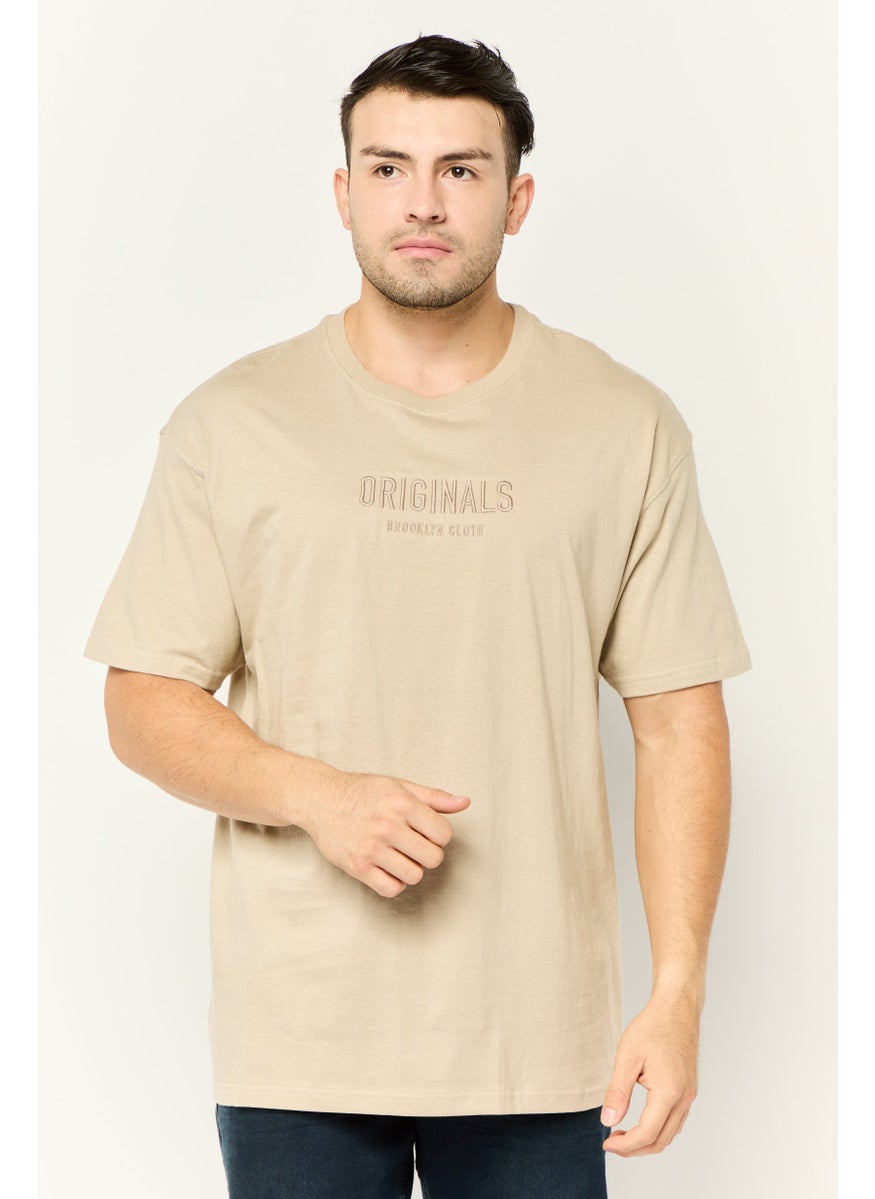 Men Crew Neck Short Sleeve Embroidered Logo T-Shirt, Beige