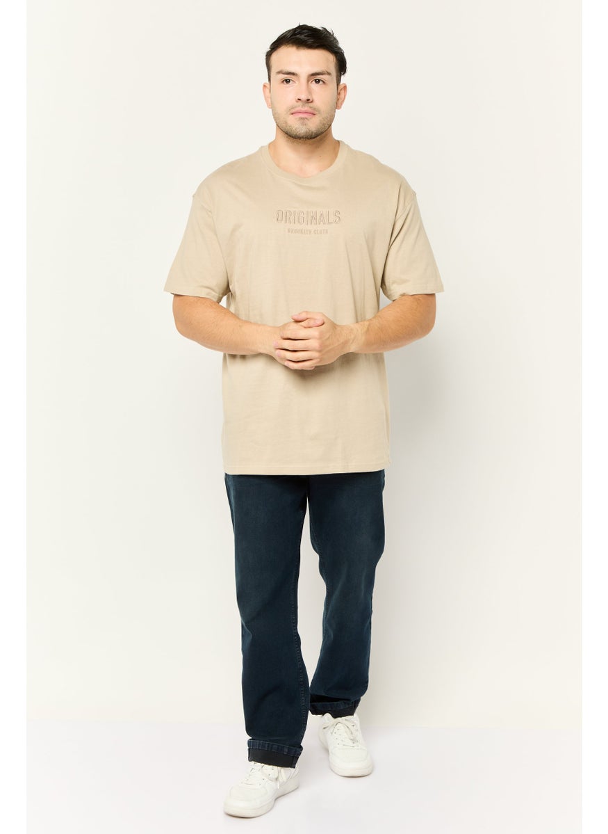Men Crew Neck Short Sleeve Embroidered Logo T-Shirt, Beige