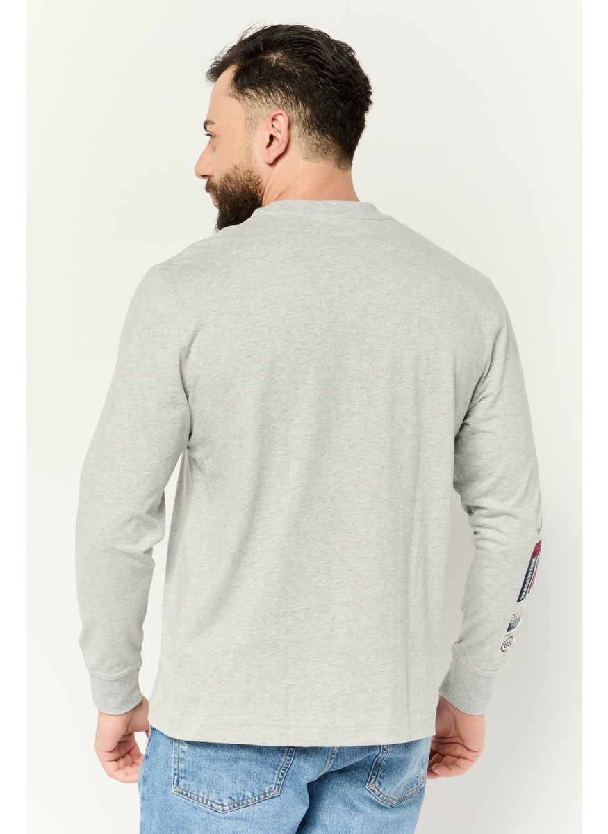 Men Round Neck Long Sleeves Graphic Print T-Shirts, Grey