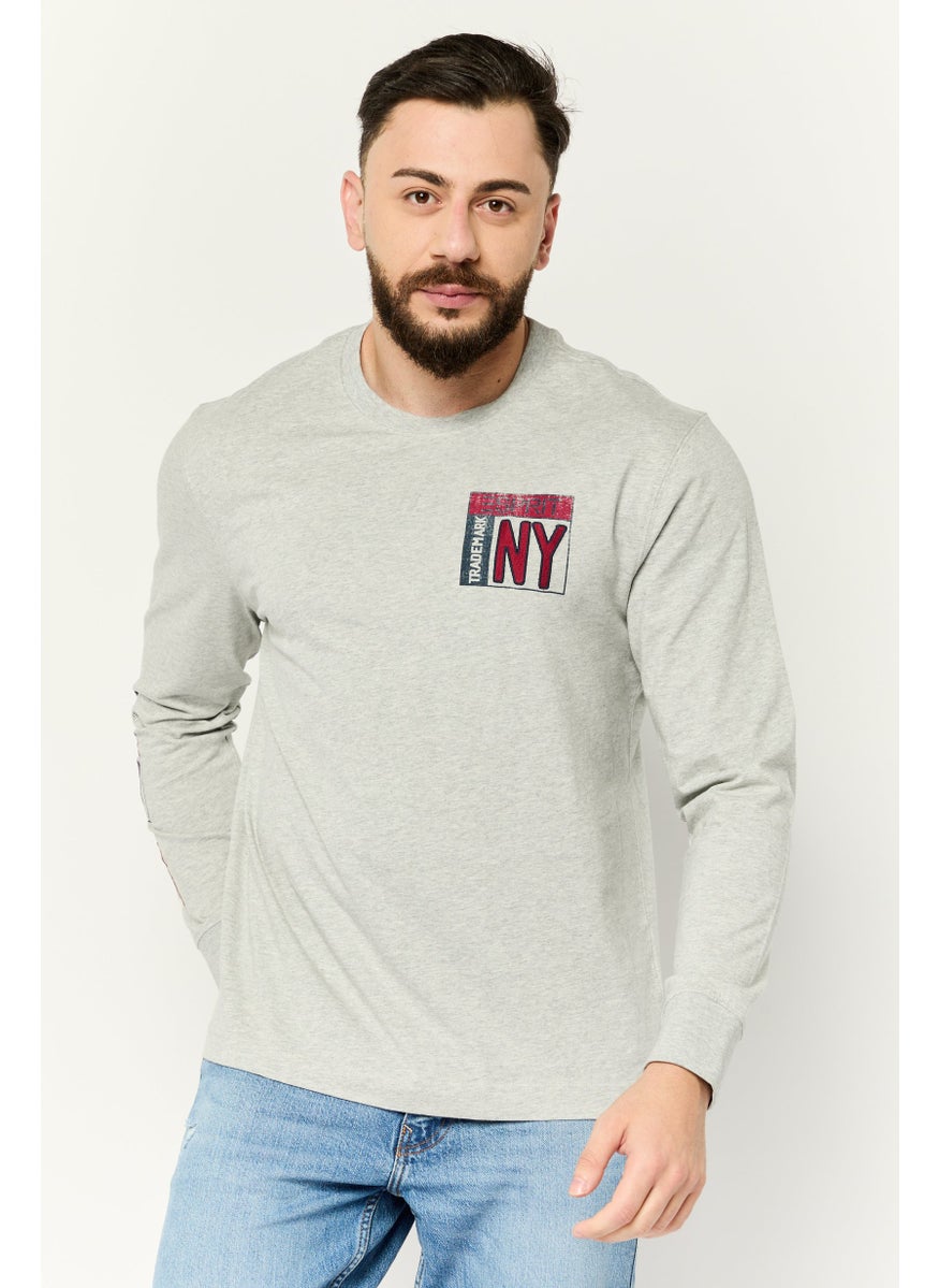 Men Round Neck Long Sleeves Graphic Print T-Shirts, Grey