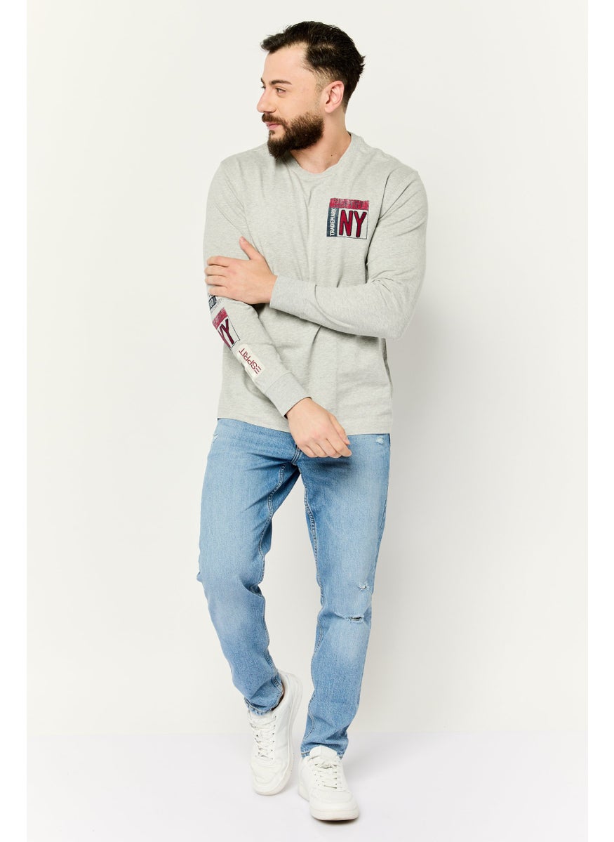Men Round Neck Long Sleeves Graphic Print T-Shirts, Grey
