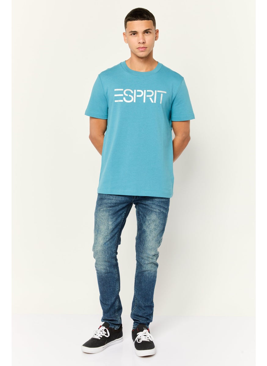 Men Crew Neck Short Sleeve Brand Logo T-Shirt, Teal  Blue