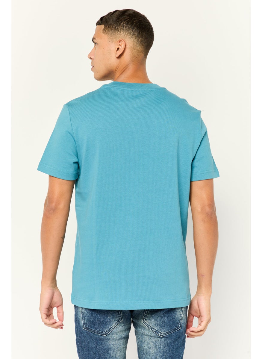 Men Crew Neck Short Sleeve Brand Logo T-Shirt, Teal  Blue