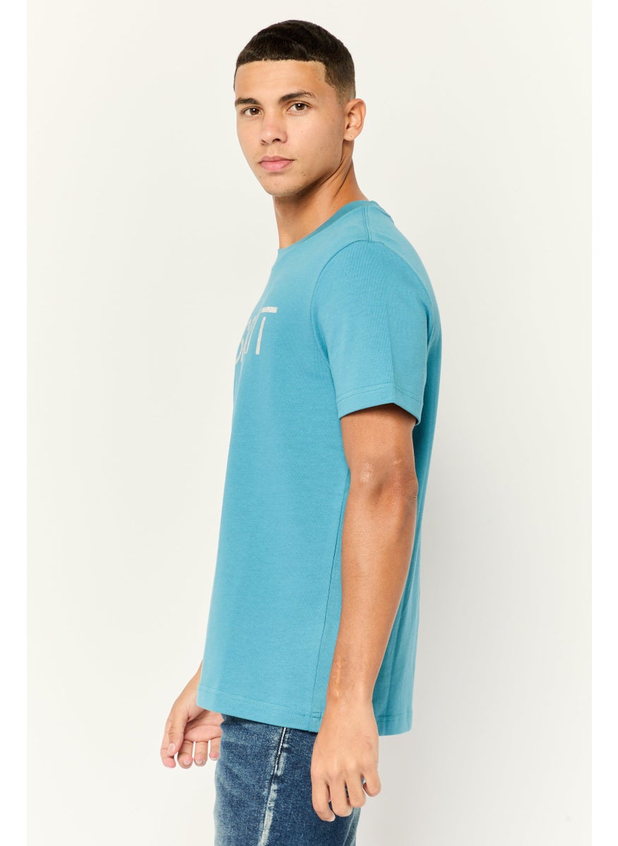 Men Crew Neck Short Sleeve Brand Logo T-Shirt, Teal  Blue
