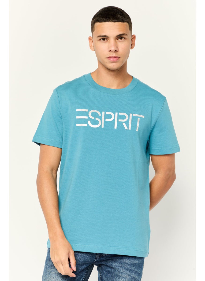 Men Crew Neck Short Sleeve Brand Logo T-Shirt, Teal  Blue