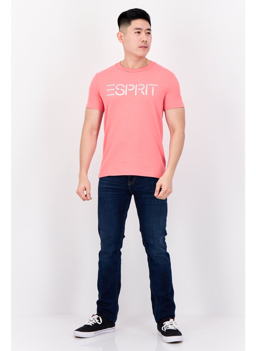 Men Crew Neck Short Sleeve Brand Logo T-Shirt, Coral Red