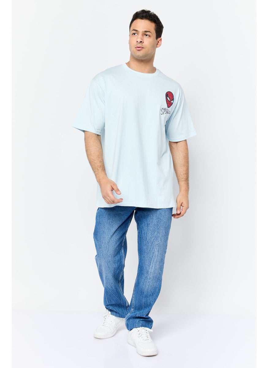 Men Crew Neck Short Sleeves Graphic Print T-Shirt, Light Blue