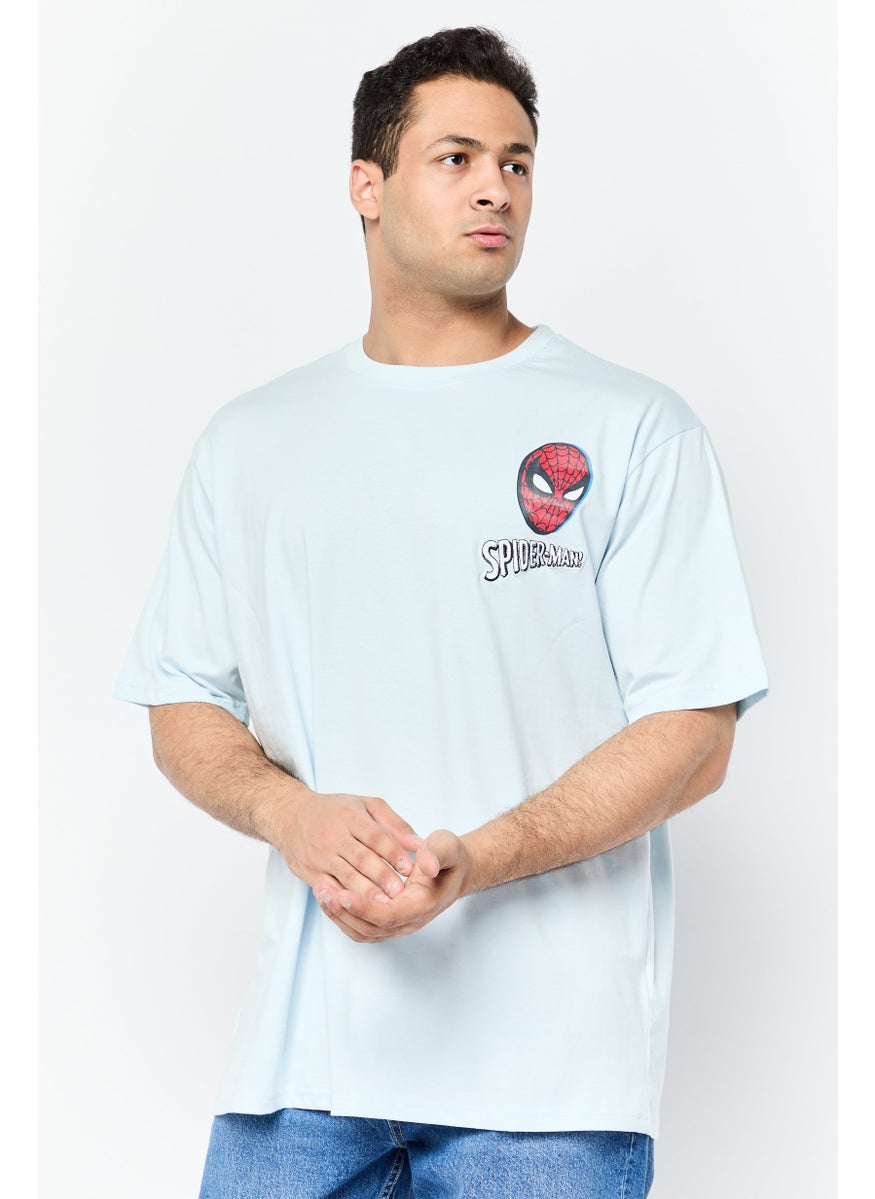 Men Crew Neck Short Sleeves Graphic Print T-Shirt, Light Blue