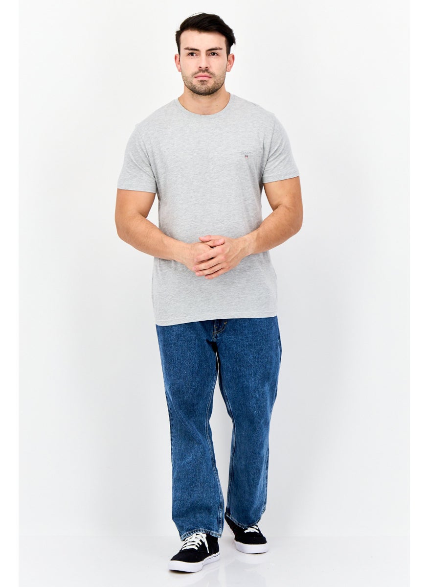 Men Crew Neck Short Sleeve Embroidered T-shirt, Light Grey