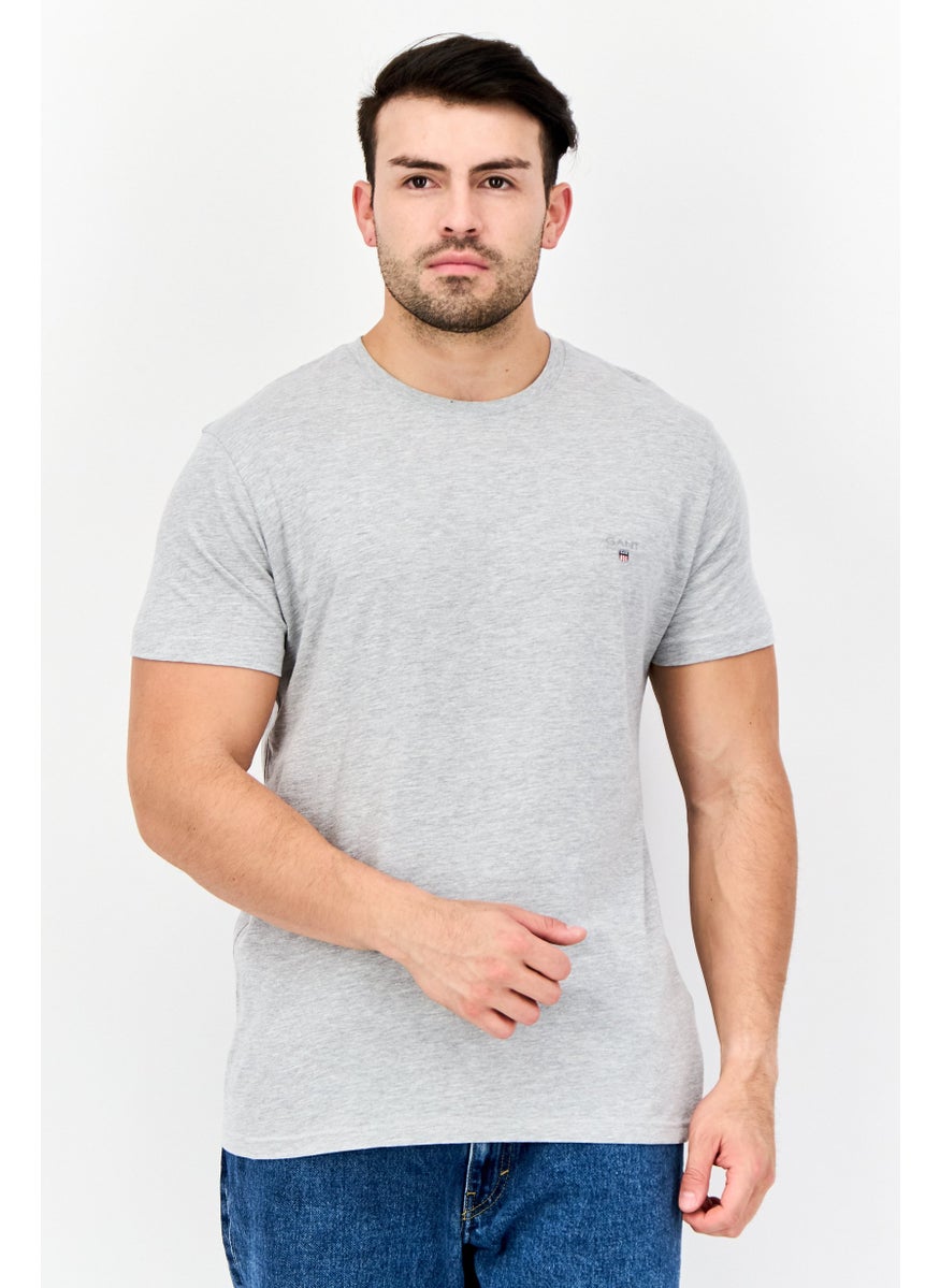 Men Crew Neck Short Sleeve Embroidered T-shirt, Light Grey