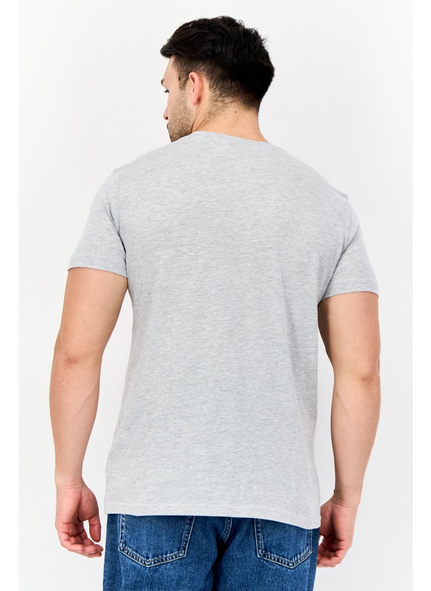 Men Crew Neck Short Sleeve Embroidered T-shirt, Light Grey