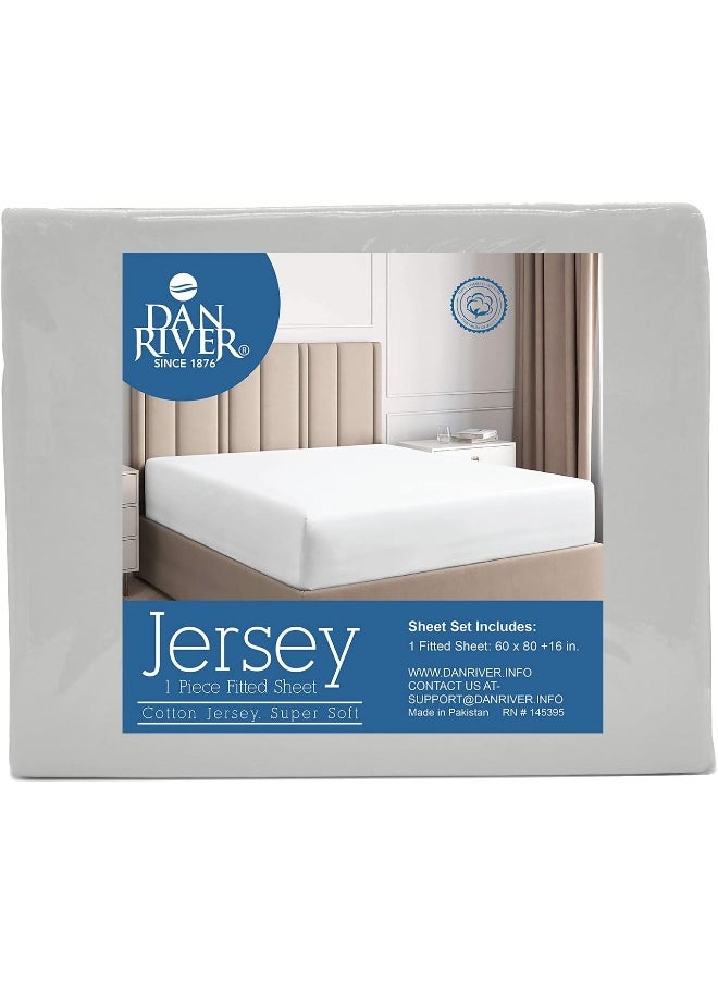 DAN RIVER 100% Cotton Jersey Fitted Sheet, Queen, Grey, 16 Inch Deep Pockets, Ultra Soft & Breathable, Stretchy Knit Fabric, Fitted Bed Sheet for Queen Mattress