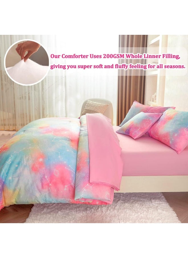 ASKOTU Pink Full Girls Comforter Set with Sheets, 6 Pcs Bed in a Bag Full Size Star Galaxy Bedding Set for Girls Teens