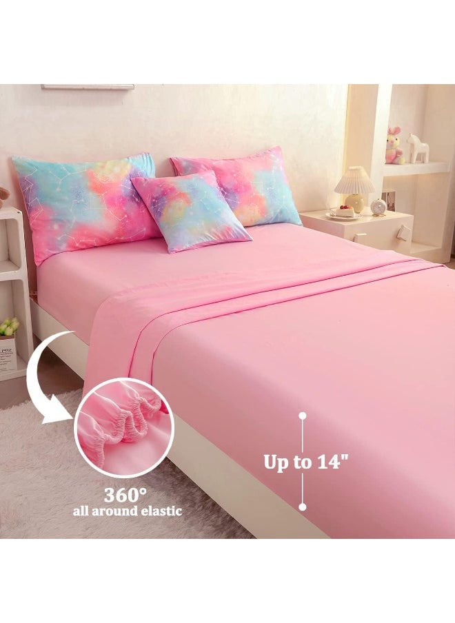 ASKOTU Pink Full Girls Comforter Set with Sheets, 6 Pcs Bed in a Bag Full Size Star Galaxy Bedding Set for Girls Teens