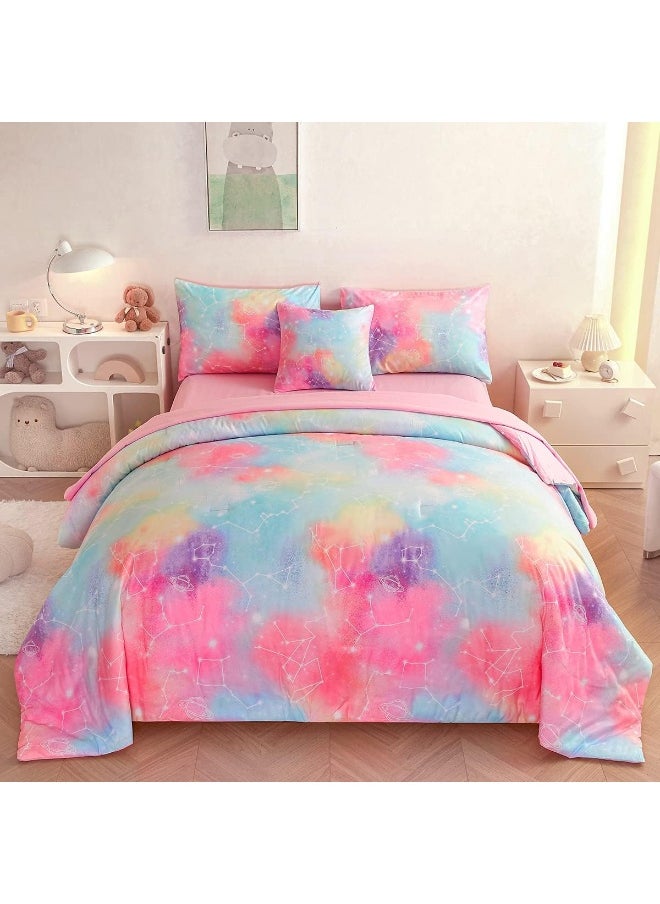 ASKOTU Pink Full Girls Comforter Set with Sheets, 6 Pcs Bed in a Bag Full Size Star Galaxy Bedding Set for Girls Teens