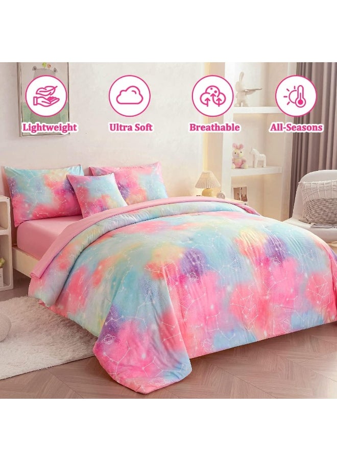 ASKOTU Pink Full Girls Comforter Set with Sheets, 6 Pcs Bed in a Bag Full Size Star Galaxy Bedding Set for Girls Teens