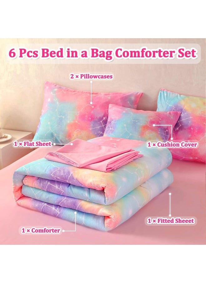 ASKOTU Pink Full Girls Comforter Set with Sheets, 6 Pcs Bed in a Bag Full Size Star Galaxy Bedding Set for Girls Teens