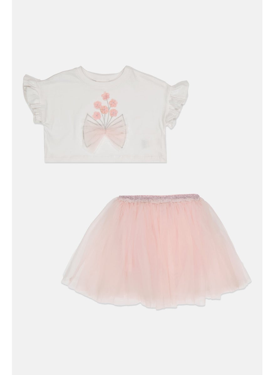 Toddlers Girl Embroidered Top And Mesh Skirt Set, White/Pink