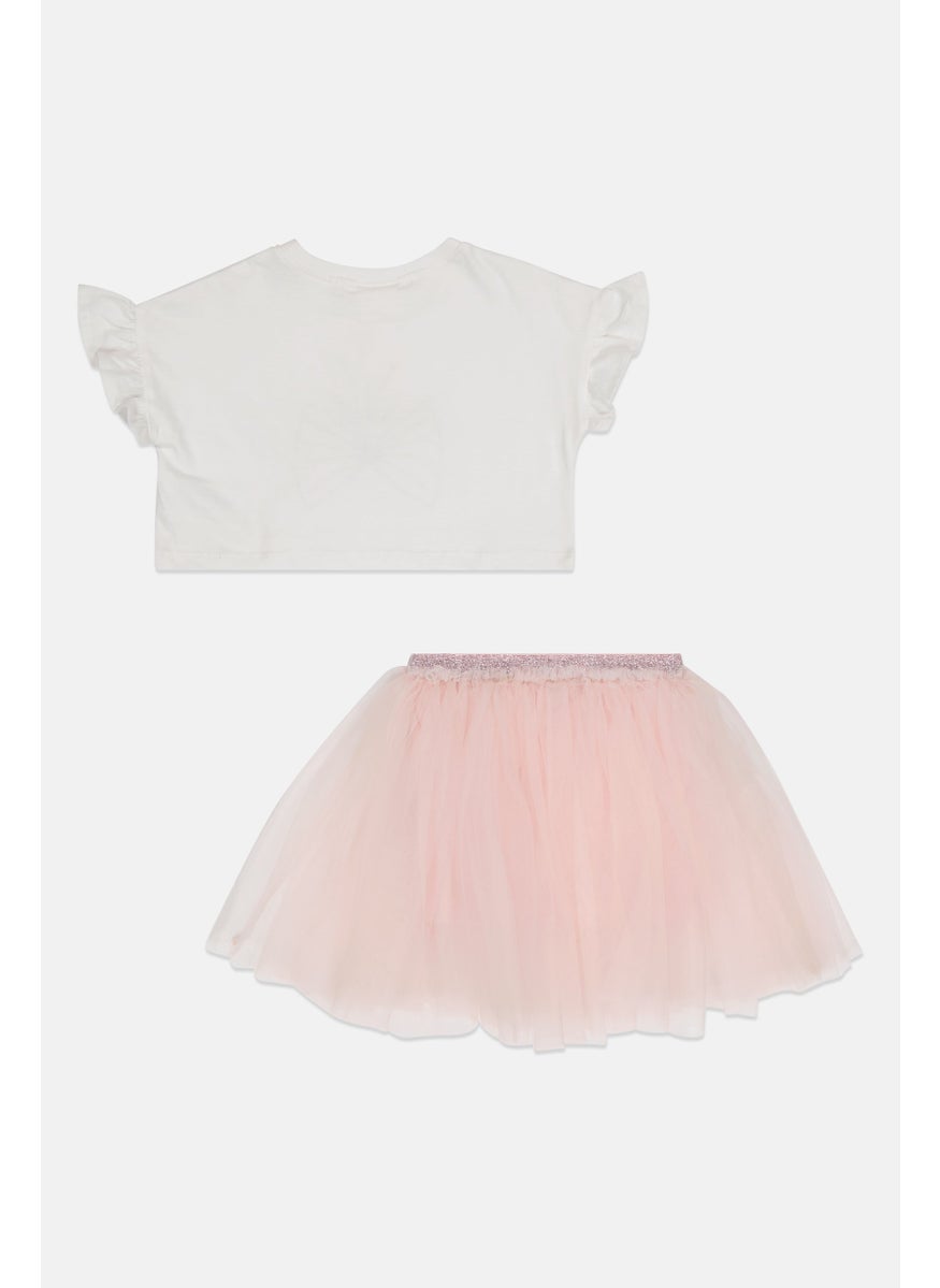 Toddlers Girl Embroidered Top And Mesh Skirt Set, White/Pink