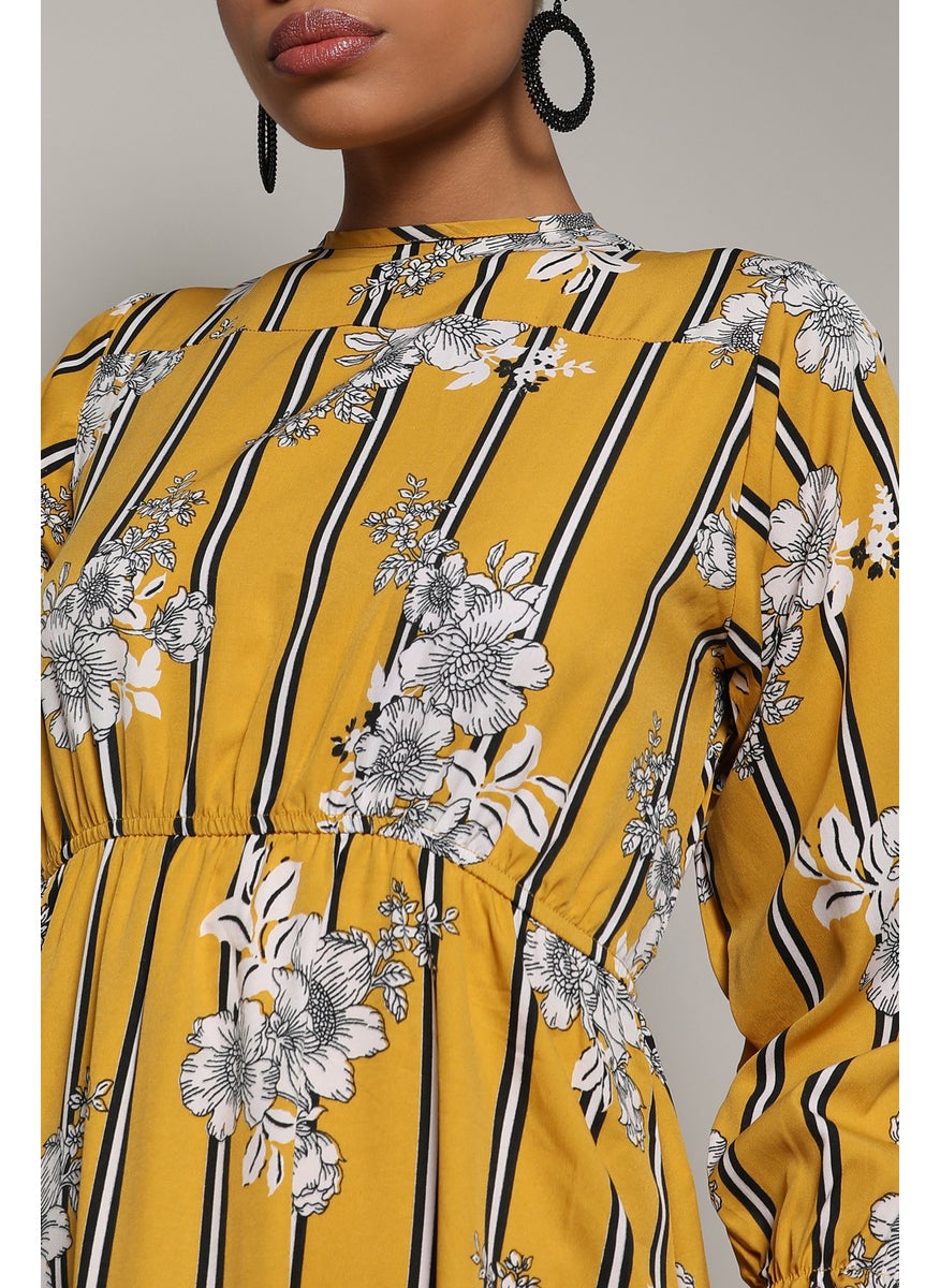 Women's Mustard Yellow Botanical Striped Dress