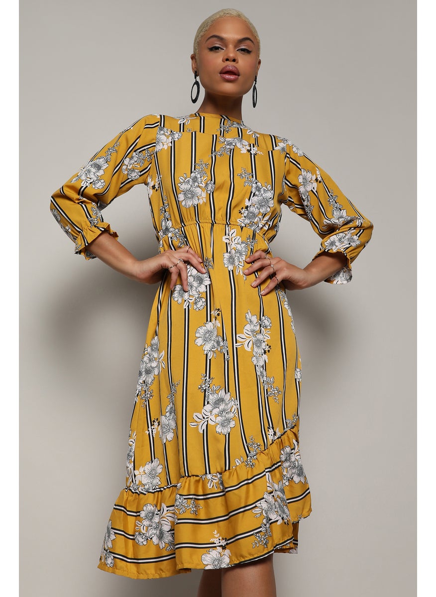 Women's Mustard Yellow Botanical Striped Dress