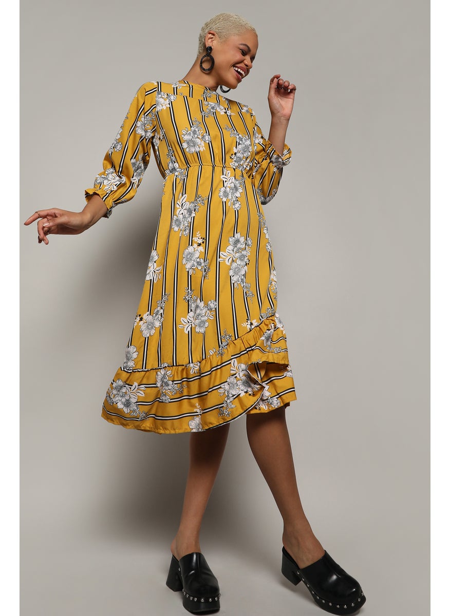 Women's Mustard Yellow Botanical Striped Dress