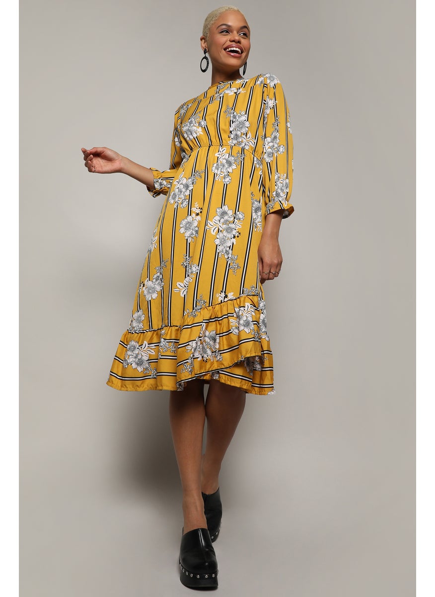 Women's Mustard Yellow Botanical Striped Dress