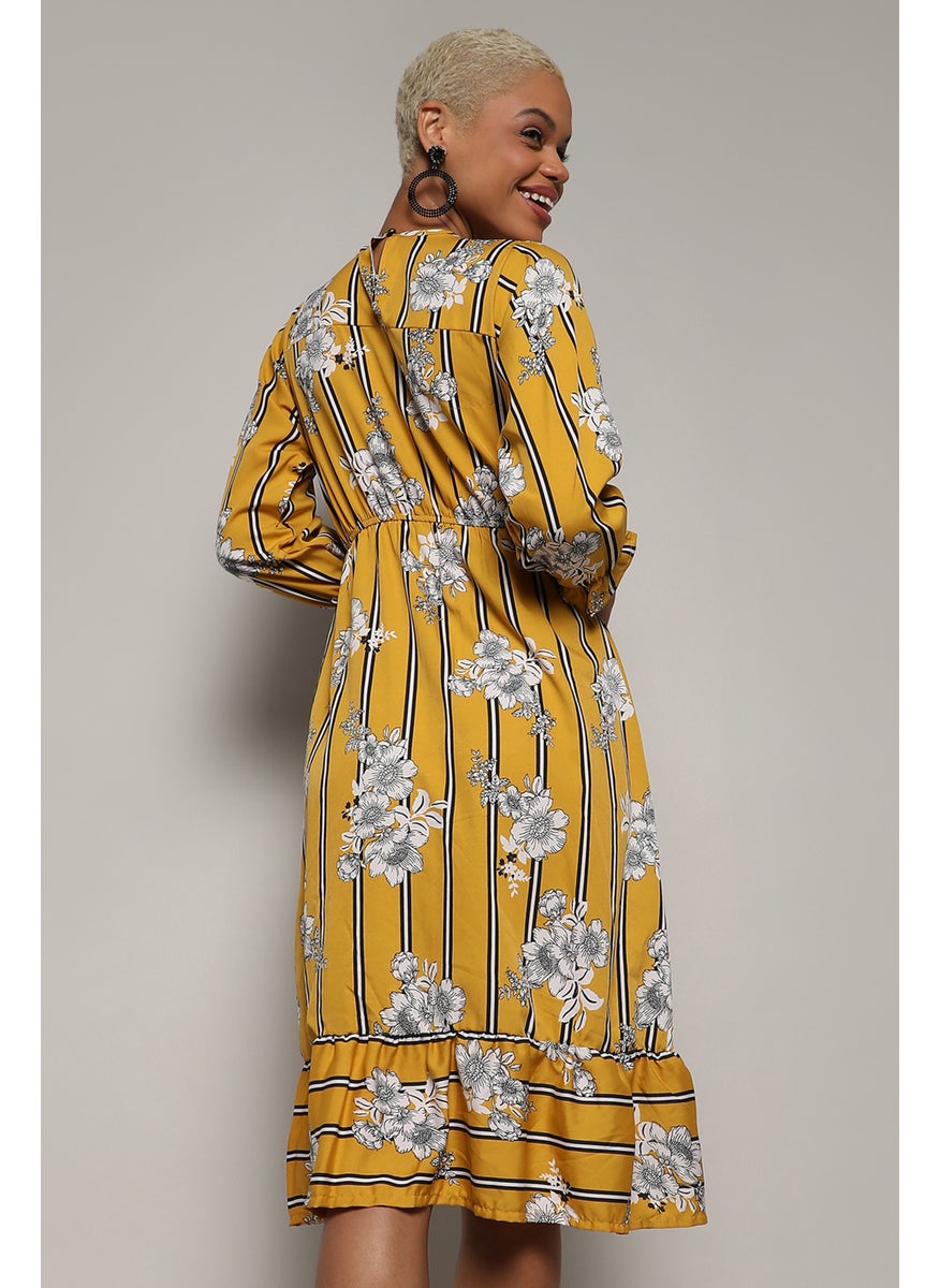 Women's Mustard Yellow Botanical Striped Dress