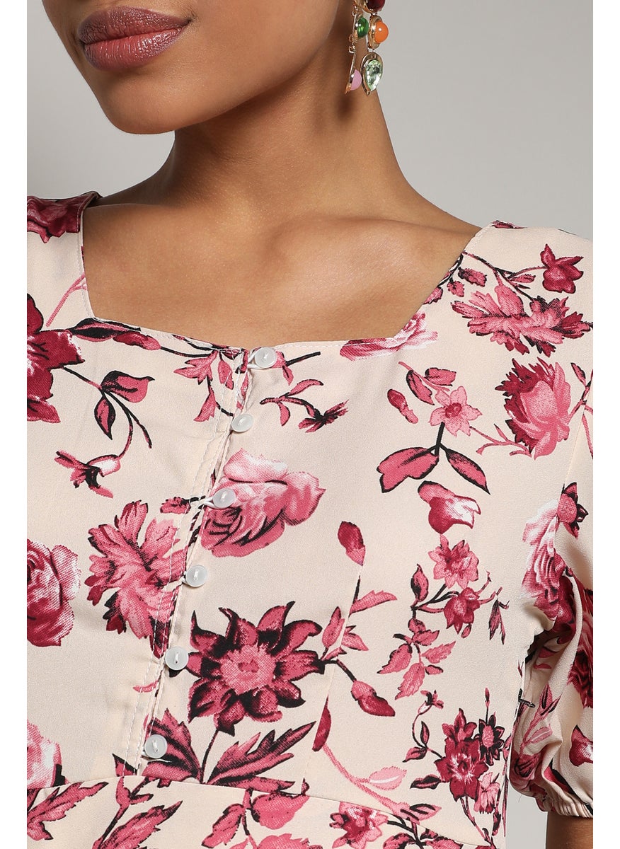 Women's Beige & Red Floral Print Dress With Ruffle Detail For Casual Wear | Short Sleeve | Crepe Midi Length Dress Crafted With Comfort Fit And High Performance For Everyday Wear