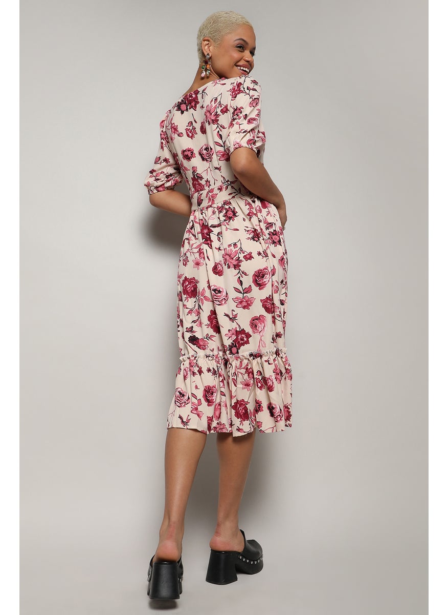 Women's Beige & Red Floral Print Dress With Ruffle Detail For Casual Wear | Short Sleeve | Crepe Midi Length Dress Crafted With Comfort Fit And High Performance For Everyday Wear