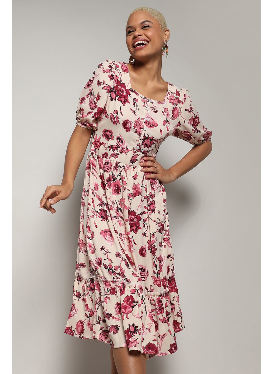 Women's Beige & Red Floral Print Dress With Ruffle Detail For Casual Wear | Short Sleeve | Crepe Midi Length Dress Crafted With Comfort Fit And High Performance For Everyday Wear