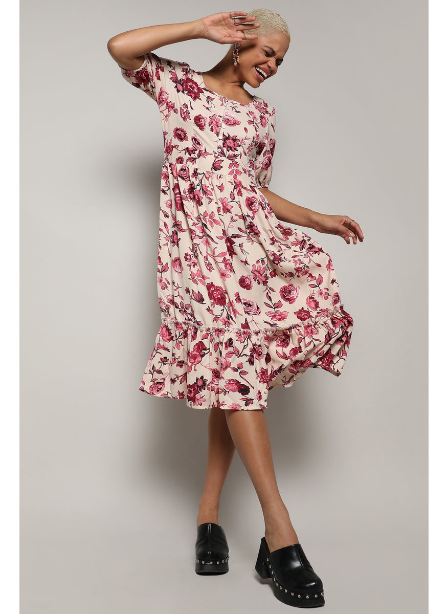 Women's Beige & Red Floral Print Dress With Ruffle Detail For Casual Wear | Short Sleeve | Crepe Midi Length Dress Crafted With Comfort Fit And High Performance For Everyday Wear