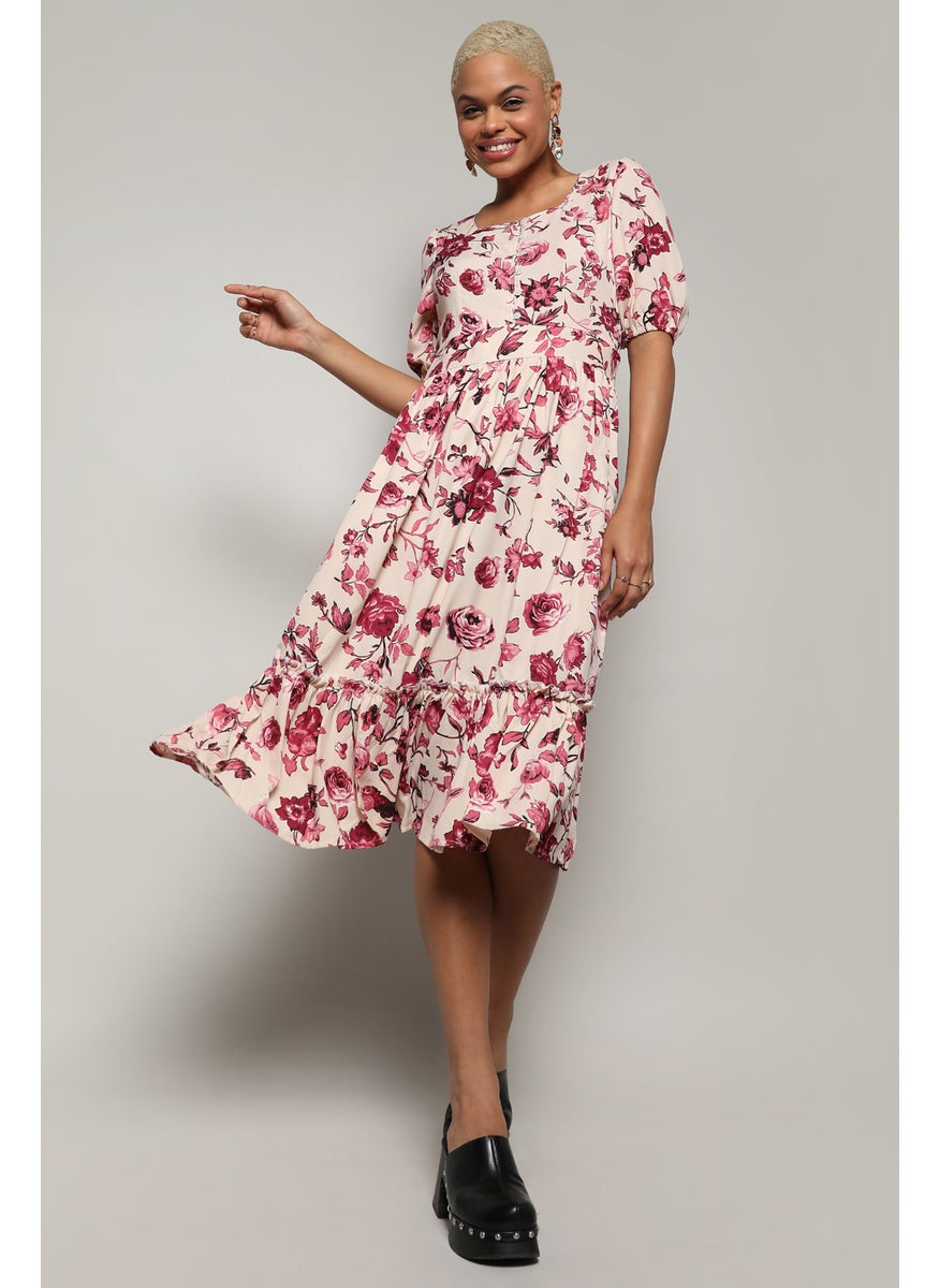 Women's Beige & Red Floral Print Dress With Ruffle Detail For Casual Wear | Short Sleeve | Crepe Midi Length Dress Crafted With Comfort Fit And High Performance For Everyday Wear