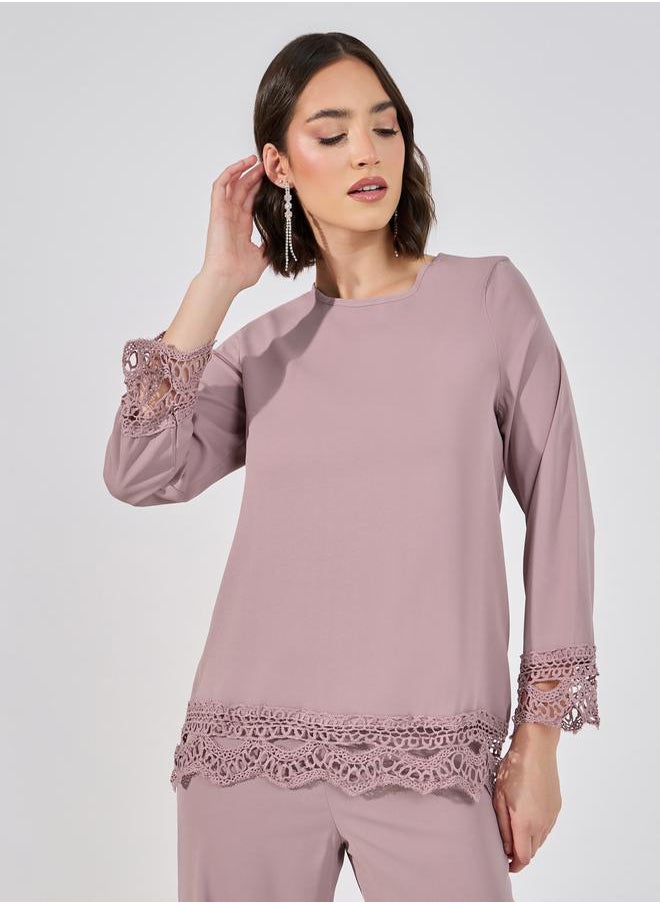 Lace Insert Top & Wide Leg Pants Modest Set